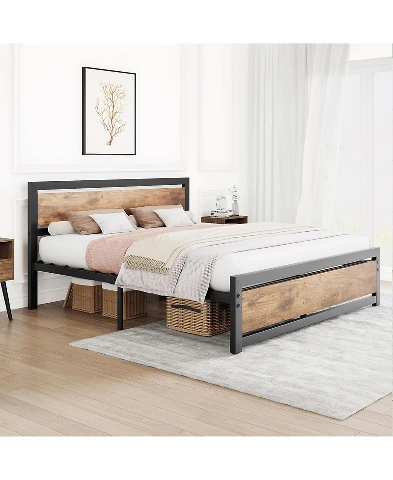 gaomon 14 Inch Heavy Duty Industrial Metal Platform Bed Frame with Wooden Headboard