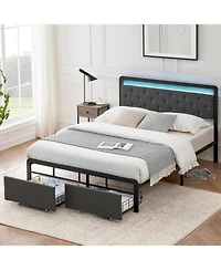 Gaomon Queen Upholstered Bed Frame with Led Lights & 2 Storage Drawers – Metal Platform, Tufted Headboard, Grey
