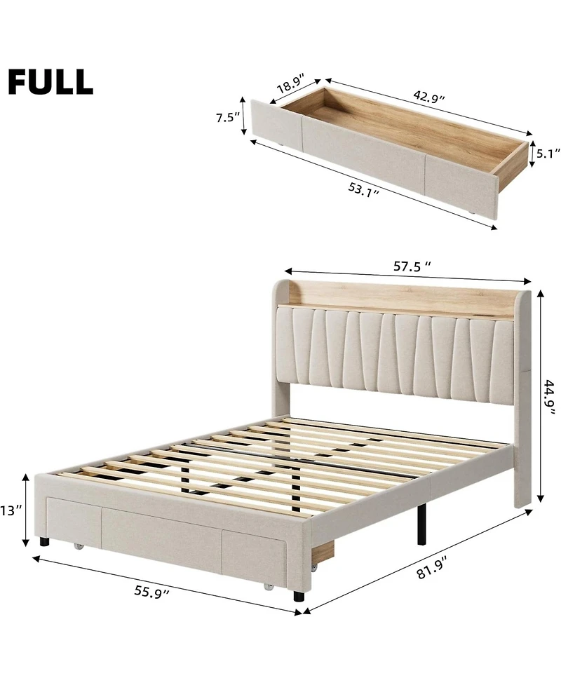 gaomon Upholstered Bed Frame with Storage Headboard and Charging Station, Platform Bed Frame with Drawers, Heavy Duty