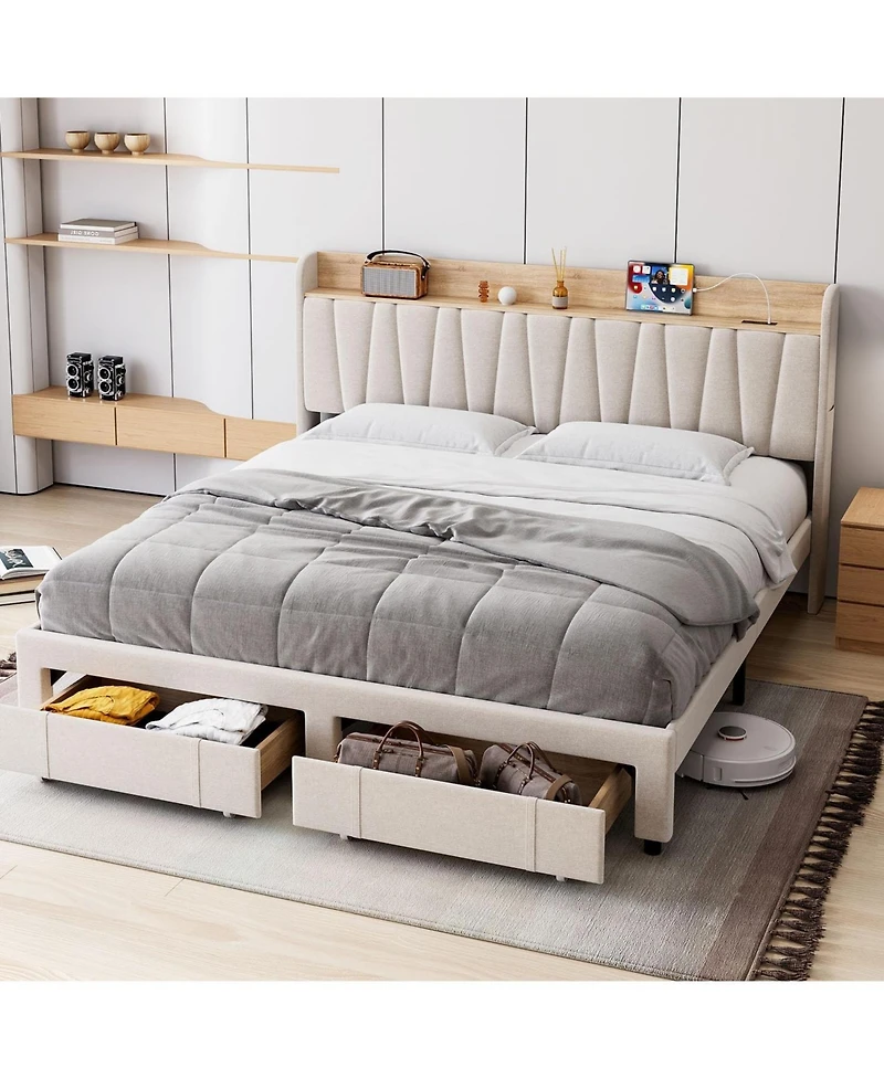 gaomon Upholstered Bed Frame with Storage Headboard and Charging Station, Platform Bed Frame with Drawers, Heavy Duty