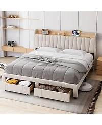gaomon Upholstered Bed Frame with Storage Headboard and Charging Station, Platform Bed Frame with Drawers, Heavy Duty