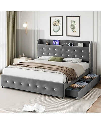 gaomon Full Size Bed Frame, Upholstered Platform Bed Frame with Trundle and 4 Storage Drawers, Bed Frame with Diamond Tufted Headboard, Grey
