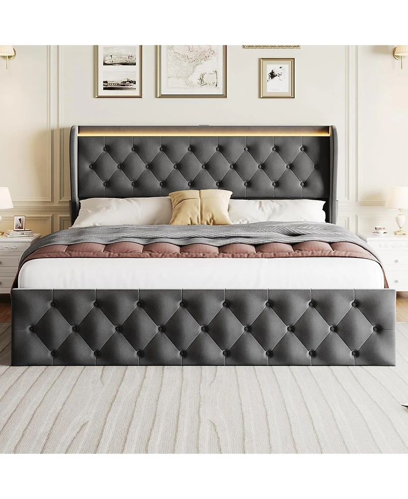 Gaomon Led Platform Bed Frame with Charging Station, Velvet Upholstered Bed Frame with Button Wingback Headboard, No Box Spring Needed