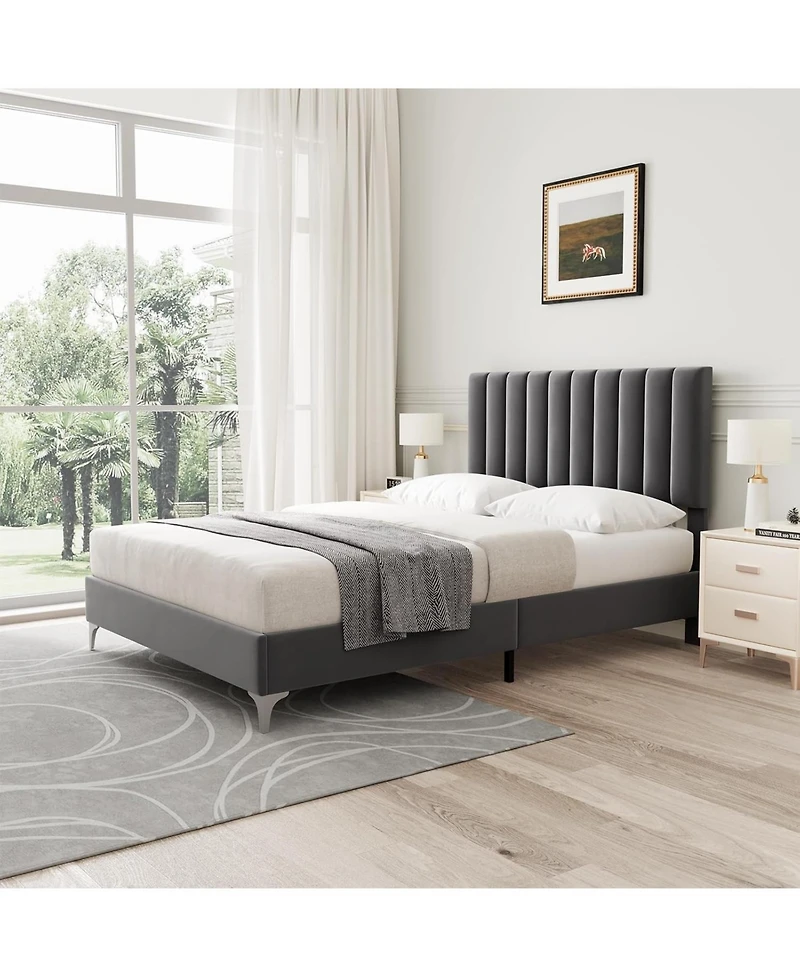 gaomon Bed Frame with Headboard, Velvet Upholstered Platform Adjustable Headboard and Wooden Slats Support, Dark Grey