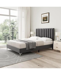gaomon Bed Frame with Headboard, Velvet Upholstered Platform Adjustable Headboard and Wooden Slats Support, Dark Grey