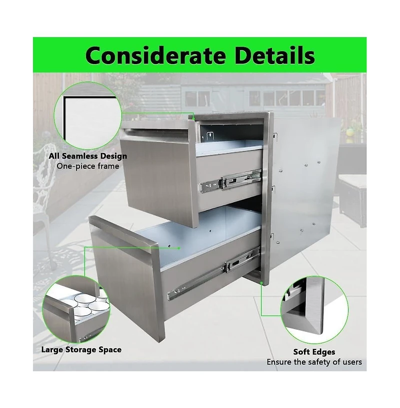 Gaomon 13" Outdoor Kitchen Drawers, Stainless Steel 2-Layer Flush Mount Bbq Drawers for Grill Station