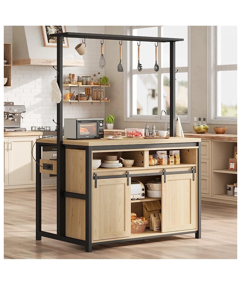 gaomon 42" Kitchen Island with Power Outlet, Rustic Coffee Bar with Sliding Barn Door and Storage