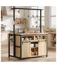 gaomon 42" Kitchen Island with Power Outlet, Rustic Coffee Bar with Sliding Barn Door and Storage