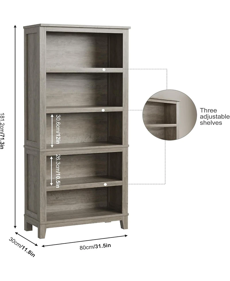 gaomon 71" Tall 5-Tier Farmhouse Bookcase with Adjustable Shelves, 31.5" Wide Wood Bookshel