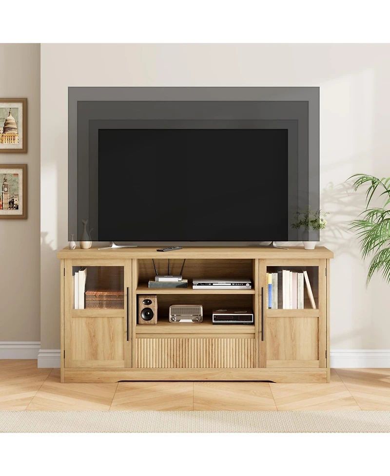 gaomon 72" Farmhouse Tv Stand, Entertainment Center with Wave Pattern, Glass Door Cabinets and Open Storage