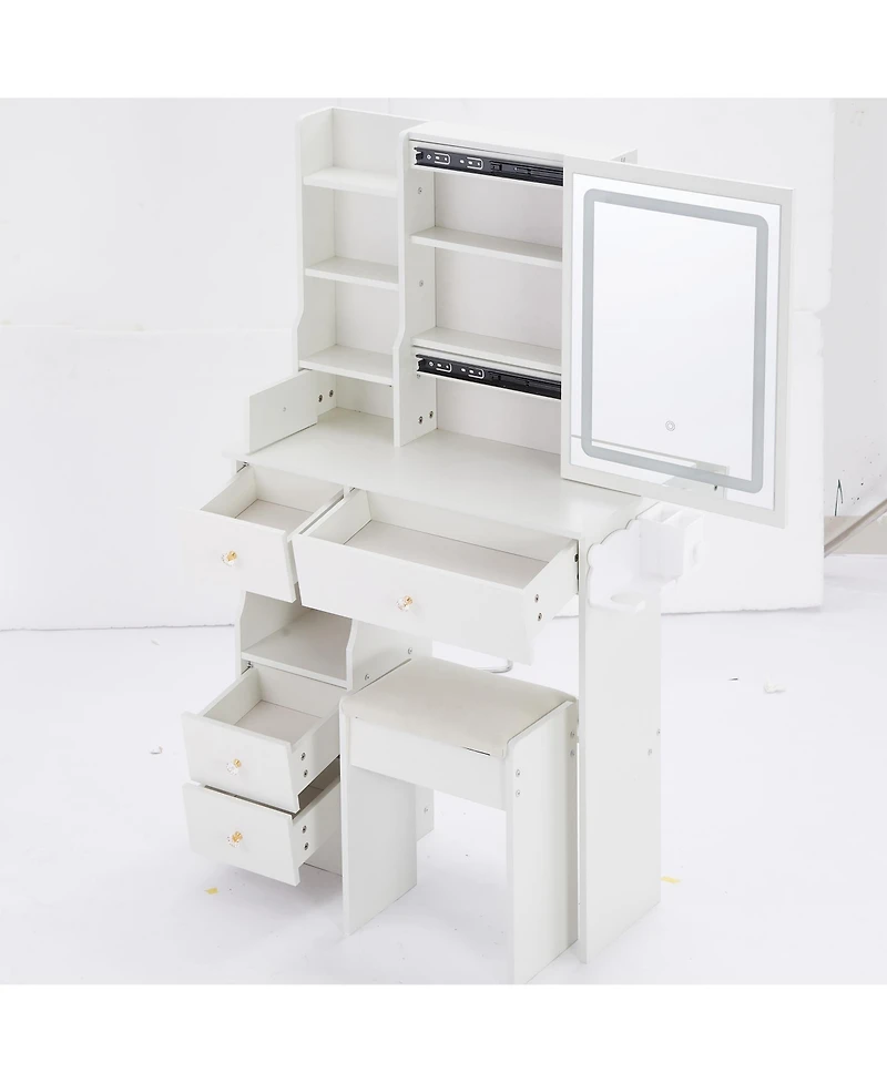 Streamdale Furniture 2-Piece Wood Vanity Table Set with Drawer, Cushioned Stool, Led Mirror, Power Outlets, Hairdryer Holder