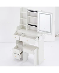 Streamdale Furniture 2-Piece Wood Vanity Table Set with Drawer, Cushioned Stool, Led Mirror, Power Outlets, Hairdryer Holder