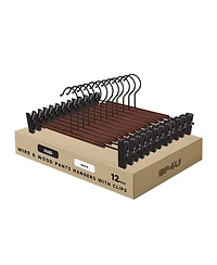 BP4U 12-Pack Metal Pants Hangers with Adjustable Clips, Premium Beech Wood Skirt Bottom for Trousers, Jeans, Shorts, Socks