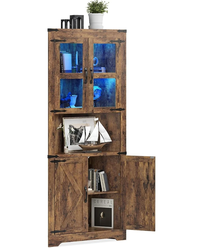 gaomon 67" Tall Corner Storage Cabinet with Lights, Farmhouse Wooden Corner Hutch with Glass Doors, Brown