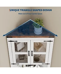 gaomon 67" Tall Corner Storage Cabinet with Lights, Farmhouse Wooden Corner Hutch with Glass Doors