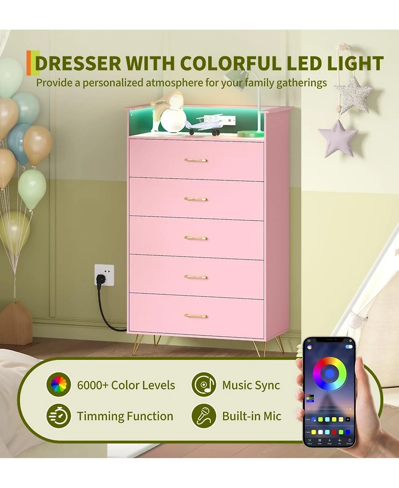 gaomon Tall 5-Drawer Dresser with Rgb Lights & Charging Station, App-Controlled Led Wooden Chest for Bedroom, Pink