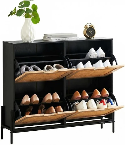 gaomon Rattan Shoe Storage Cabinet with 4 Flip Drawers, Narrow Freestanding Shoe Organizer for Entryway, Black