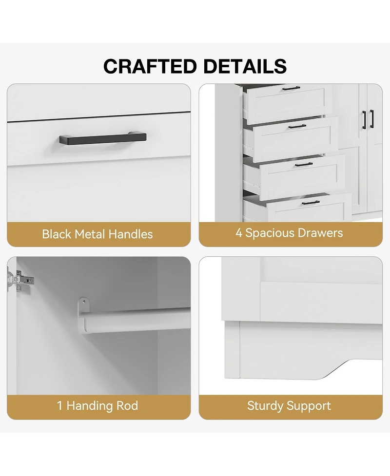 gaomon 43.3" Tall Armoire Wardrobe Closet with 4 Drawers, 2 Doors and Hanging Rod, White