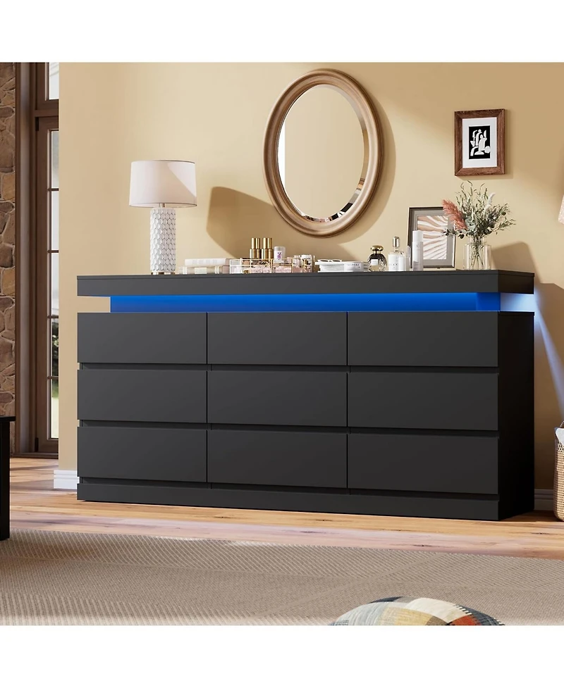 gaomon 63" Wide Chest of Drawers with Led Light and Charging Station