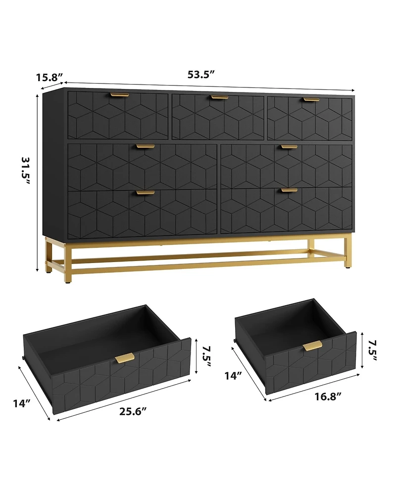 gaomon Modern Dresser for Bedroom, 53.5" Wide 7-Drawer Organizer with Golden Metal Handles and Legs, Stylish Chest of Drawers Living Room