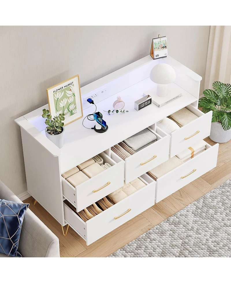 gaomon 5-Drawer Dresser for Bedroom with Led Lights & Charging Station, 47" Wide Wooden Storage Chest