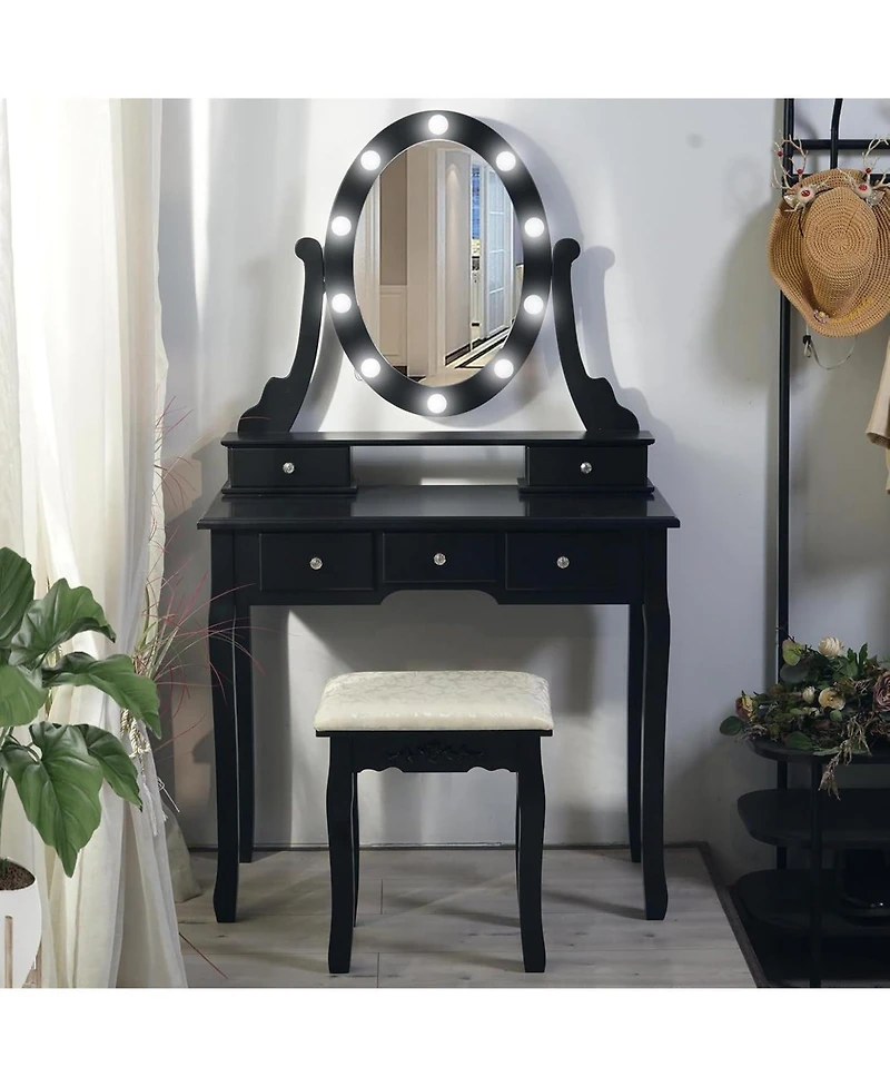 gaomon Vanity Desk with Mirror and Lights, Wood Makeup Dressing Table with Stool and 5 Drawers, Black