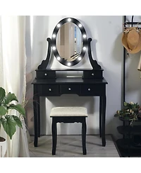 gaomon Vanity Desk with Mirror and Lights, Wood Makeup Dressing Table with Stool and 5 Drawers, Black