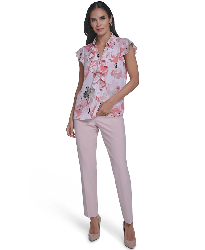 Calvin Klein Women's Printed Cap-Sleeve Ruffle Front Top