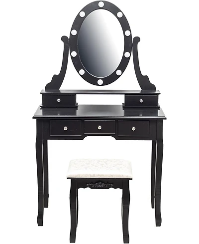 gaomon Vanity Desk with Mirror and Lights, Wood Makeup Dressing Table with Stool and 5 Drawers, Black