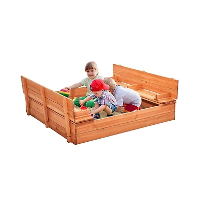 Slickblue Wooden Sandbox, 52.4 x 47.2 x 16.9 in Sand Box, Sand Pit with Foldable Bench Seats and Bottom Liner