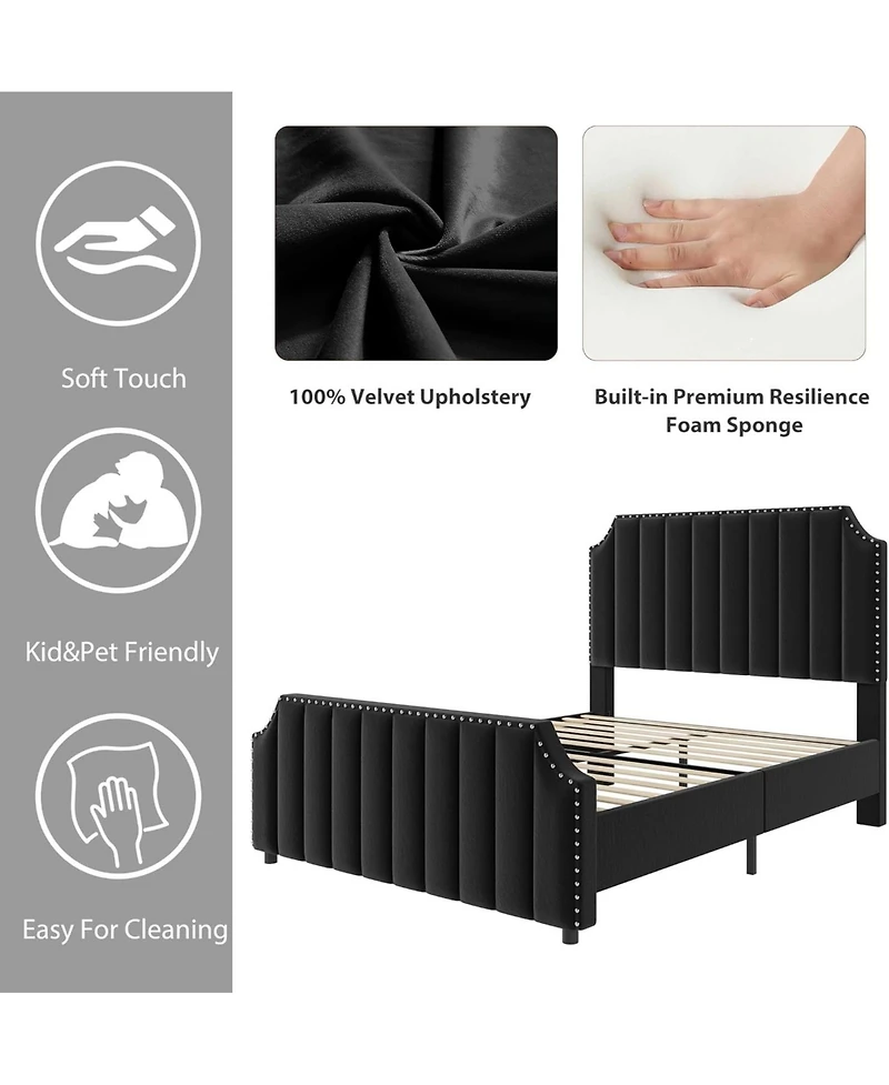 gaomon Upholstered Bed Frame, Vertical Lines Platform with Velvet Headboard & Footboard, Stylish Copper Nails, Metal Mattress Foundation