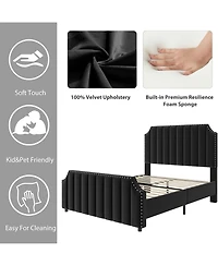 gaomon Upholstered Bed Frame, Vertical Lines Platform with Velvet Headboard & Footboard, Stylish Copper Nails, Metal Mattress Foundation