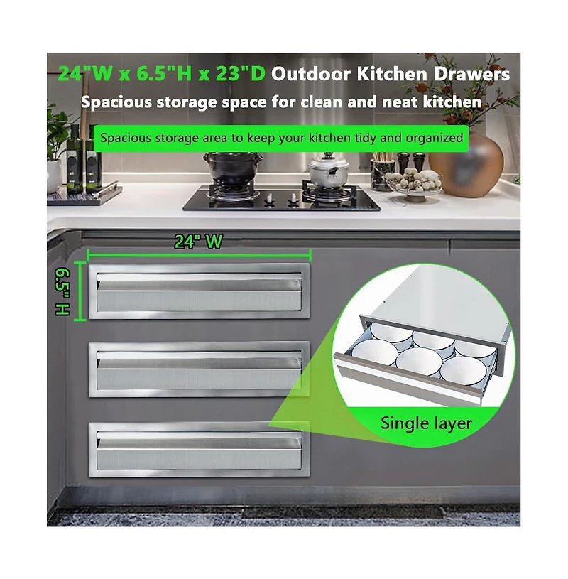 gaomon 24" Outdoor Kitchen Drawers, Stainless Steel Single-Layer Flush Mount Bbq Drawers for Grill Station, Silver