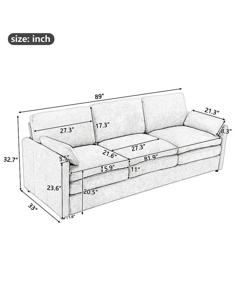 Streamdale Furniture Gray 89" Cozy Upholstered 3-Seater Oversized Comfy Cloud Sofa with Plush Double Cushions.