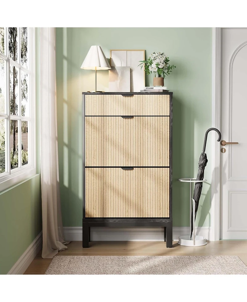 Shoe Storage Cabinet with 2 Flip Drawers,Entrance Wooden Shoe Rack with Iron Legs,Farmhouse Fluted Shoe Organizer for Entryway,Hallway,Foyer,Black+Oak