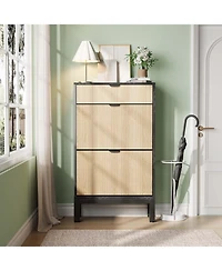 Shoe Storage Cabinet with 2 Flip Drawers,Entrance Wooden Shoe Rack with Iron Legs,Farmhouse Fluted Shoe Organizer for Entryway,Hallway,Foyer,Black+Oak