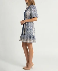 Taylor Petite Printed V-Neck Puff-Sleeve Ruffled-Hem Dress