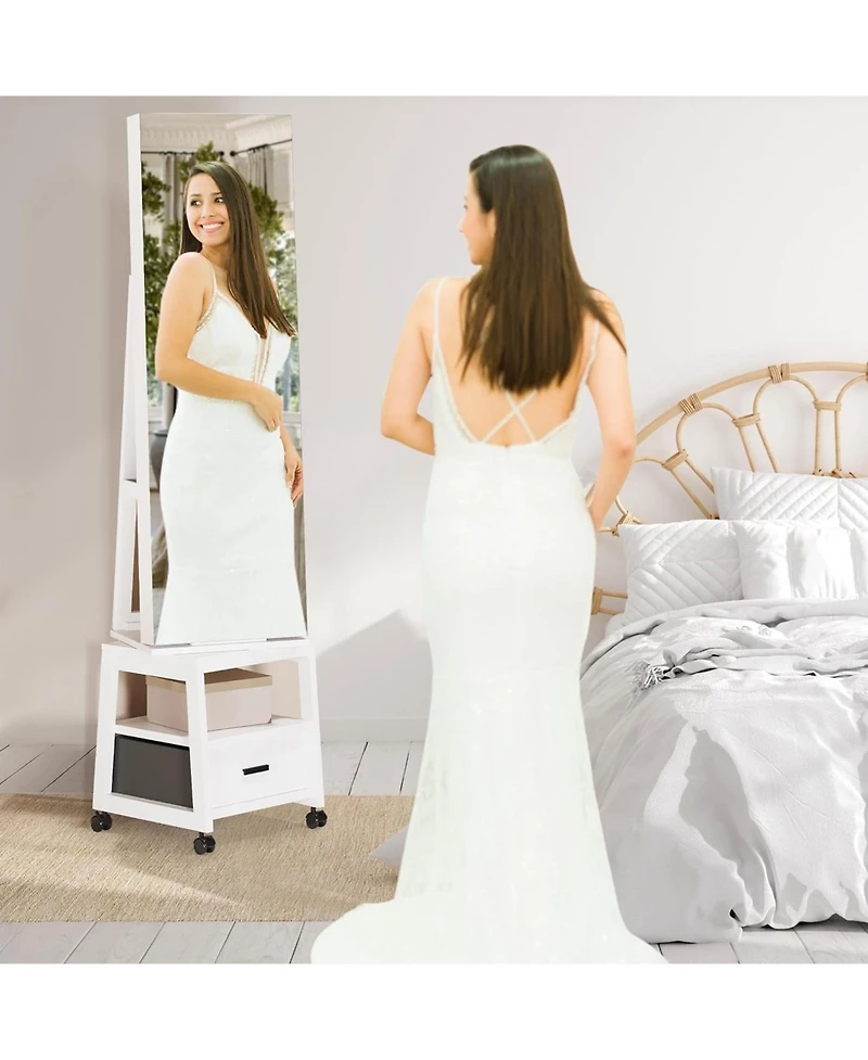 Gaomon 360° Swivel Jewelry Cabinet with Led Lights, Full-Length Mirror and Jewelry Storage, White