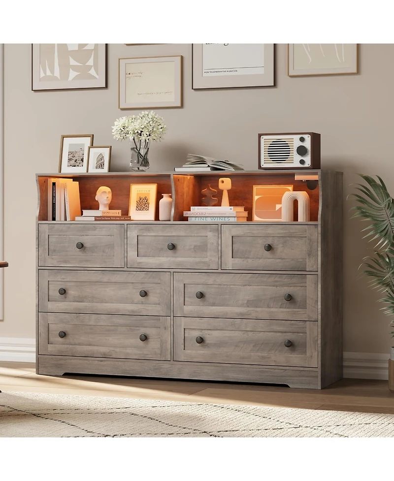 gaomon 7-Drawer Dresser with Led Lights & Charging Station, Wooden Chest with Open Storage for Bedroom, Grey