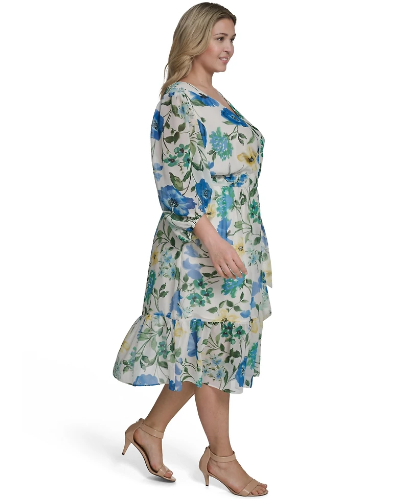 Jessica Howard Plus Balloon-Sleeve Tiered Midi Dress