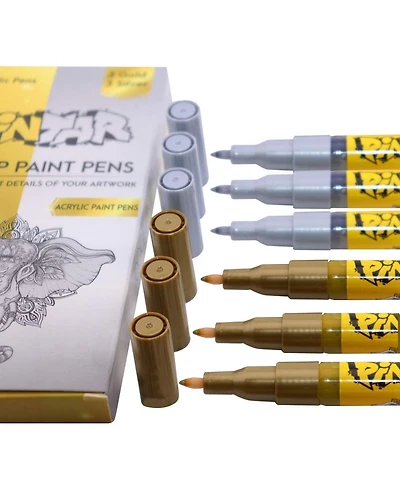 Pintar Acrylic Paint Markers - Pack of 6 Gold & Silver with 0.7 mm Tips