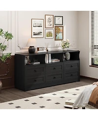 gaomon 6-Drawer Slim Dresser for Bedroom, Wooden Chest with Power Outlets, Led Light & Open Shelf, Black