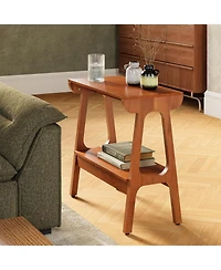 Tribesigns Solid Wood End Table with Storage Shelf, Narrow 2-Tier Side Table for Small Spaces, Sofa Couch Table, Tall Nightstand