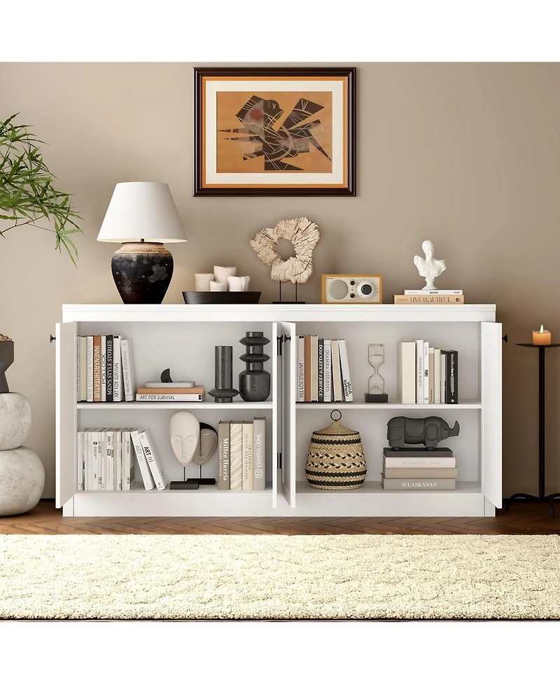 gaomon 63" Buffet Sideboard Cabinet with 4 Striped Doors, Modern Coffee Bar Storage Cabinet, White