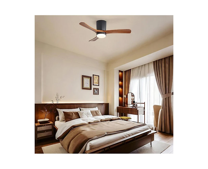 Sofucor 42-inch Minimalist Black 3-Blade Flush Mount Ceiling Fan with Light Remote Control and Timing Function