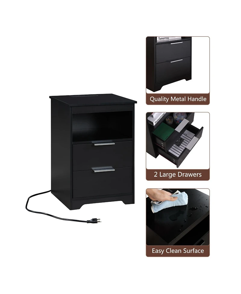 Streamdale Furniture Nightstand with Charging Station & 2 Drawers, Black