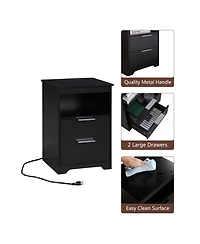 Streamdale Furniture Nightstand with Charging Station & 2 Drawers, Black