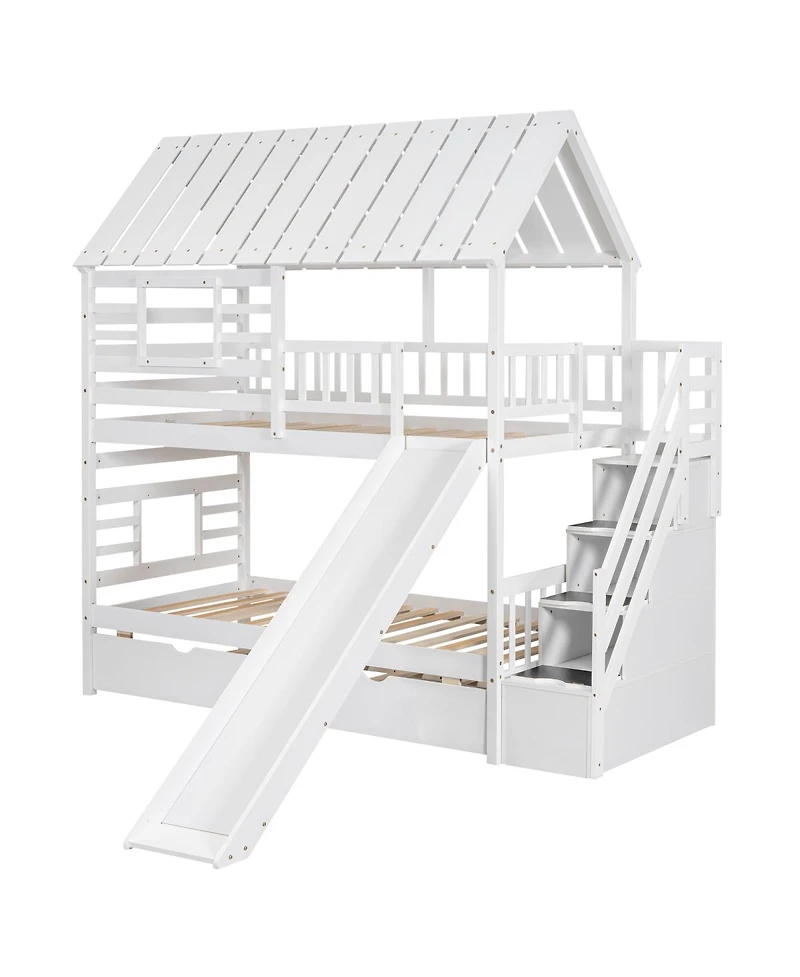 Streamdale Furniture Twin over Twin Bunk Bed with Trundle, Slide, Stairs, Roof, Window, White