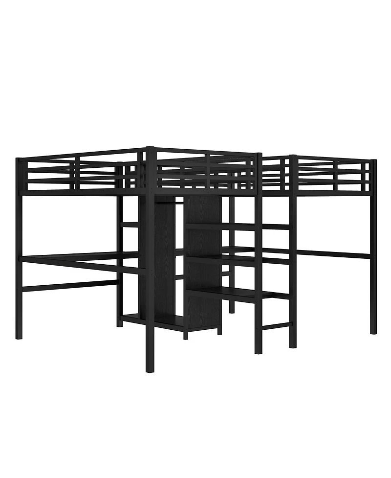 Streamdale Furniture Twin Over Twin Metal Loft Bed with Double Desk, Wardrobe, Shelves & Outlet, Black