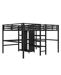 Streamdale Furniture Twin Over Twin Metal Loft Bed with Double Desk, Wardrobe, Shelves & Outlet, Black